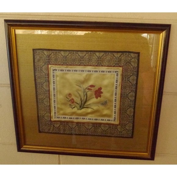 VTG Chinese Embroidered Silk Panel Wall Art Flowers Butterfly Framed 17.25"X16"